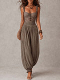 Nieves | Conjunto bandeau de encaje gris con pantalones harem de algodón plisados