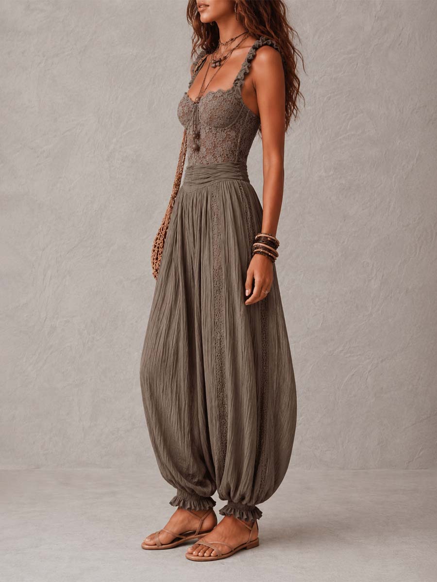 Nieves | Conjunto bandeau de encaje gris con pantalones harem de algodón plisados