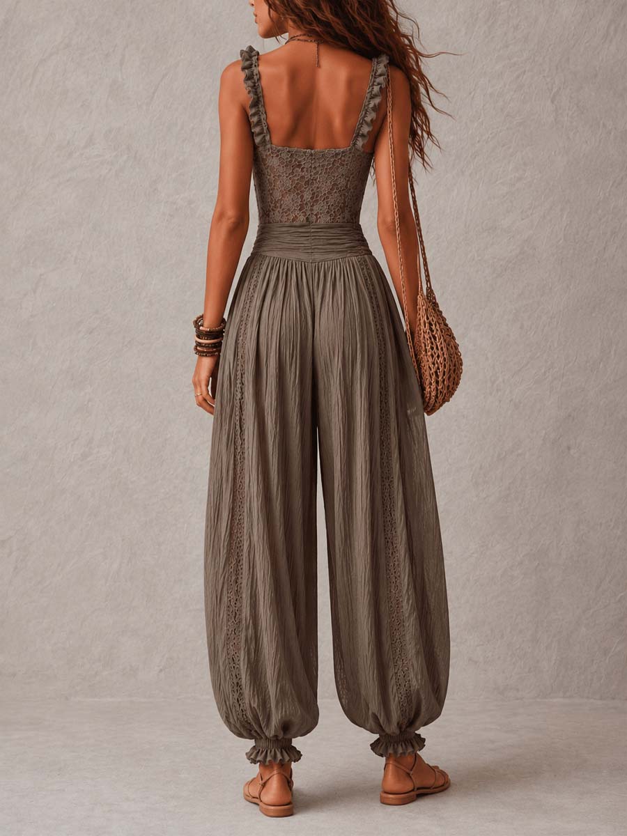 Nieves | Conjunto bandeau de encaje gris con pantalones harem de algodón plisados
