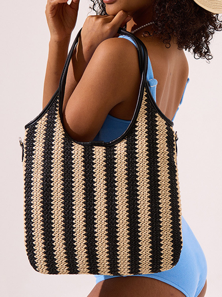 Bolso Bandolera Vintage de Paja con Rayas en Contraste