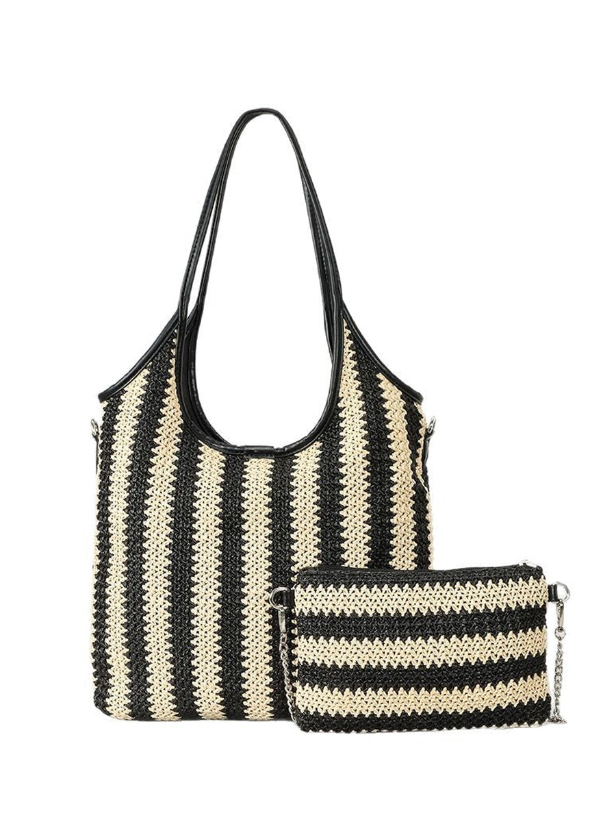Bolso Bandolera Vintage de Paja con Rayas en Contraste