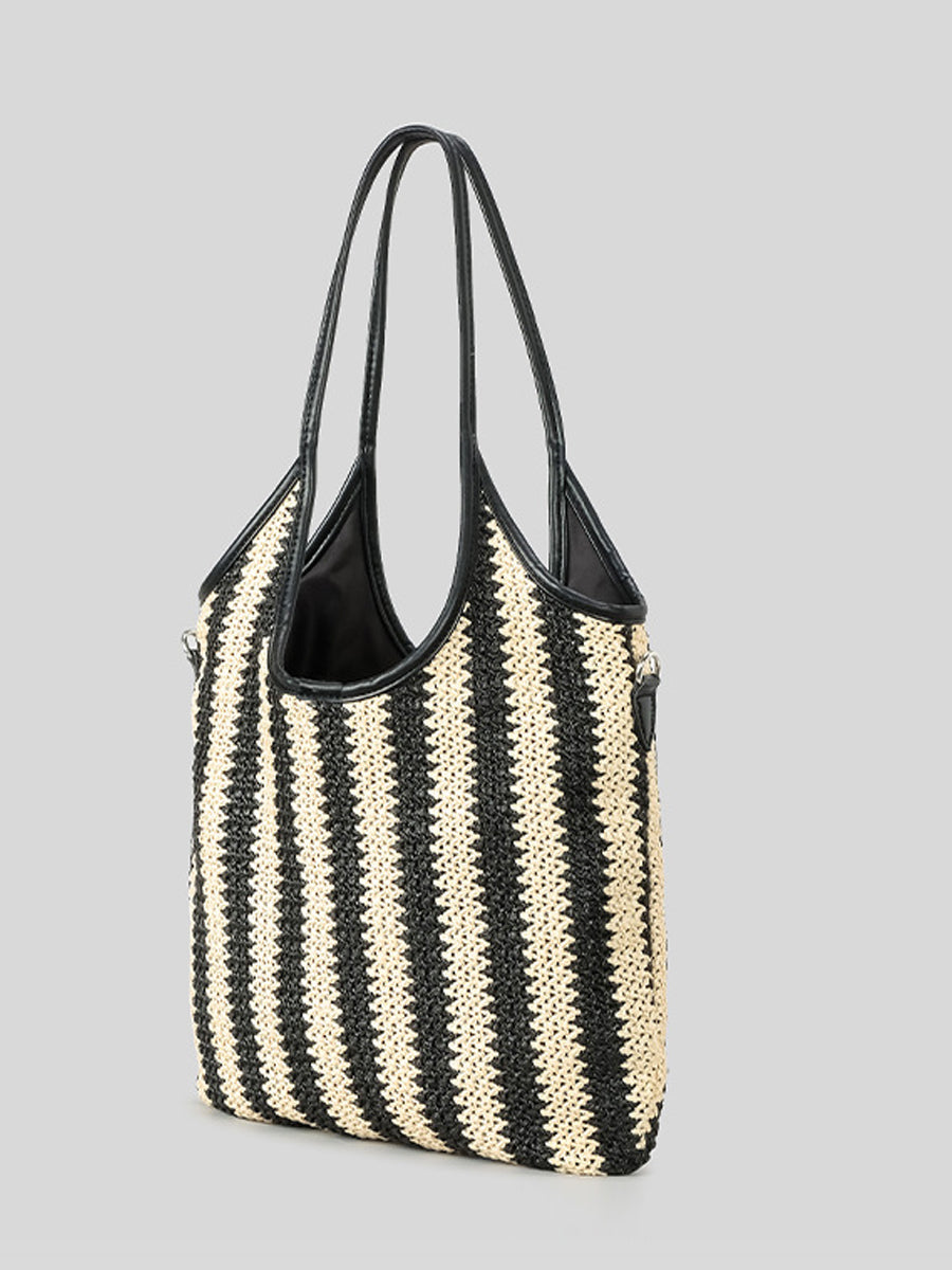 Bolso Bandolera Vintage de Paja con Rayas en Contraste